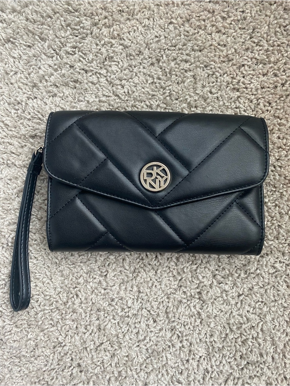DKNY Black Quilted Wristlet Clutch with Gold Logo Emblem